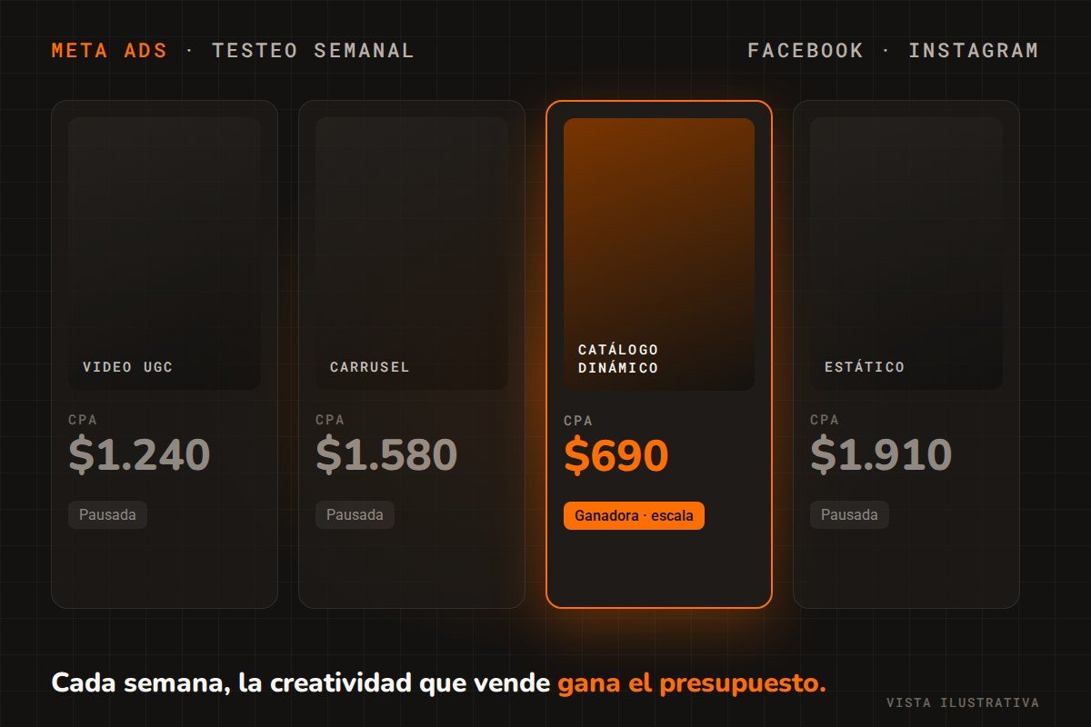 Meta Ads con testeo semanal: la creatividad con menor CPA gana el presupuesto y el resto se pausa